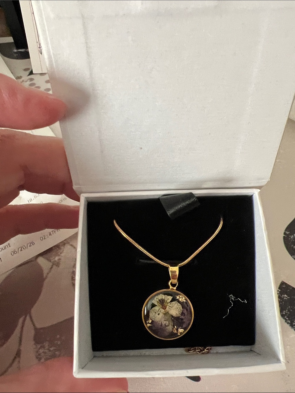 Gold Floral Pressed violet Pendant Necklace - Women Jewelry